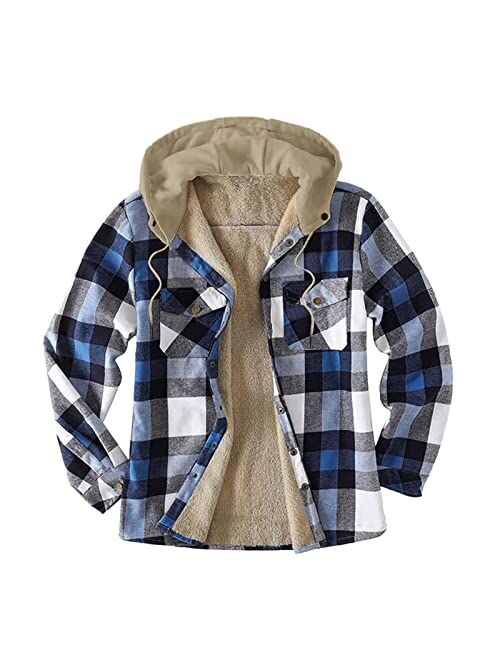 Muyise Men Flannel Shirt Jacket with Hooded Thickened Warm Fleece Lined Plaid Jacket Coat Buttoned Hoodie Thermal Outerwear