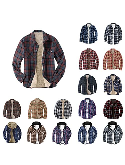 Wocoo Men's Fleece Sherpa Lined Flannel Shirt Jacket Heavyweight Thick Thermal Plaid Button Up Coat Warm Padded Plush Outwear