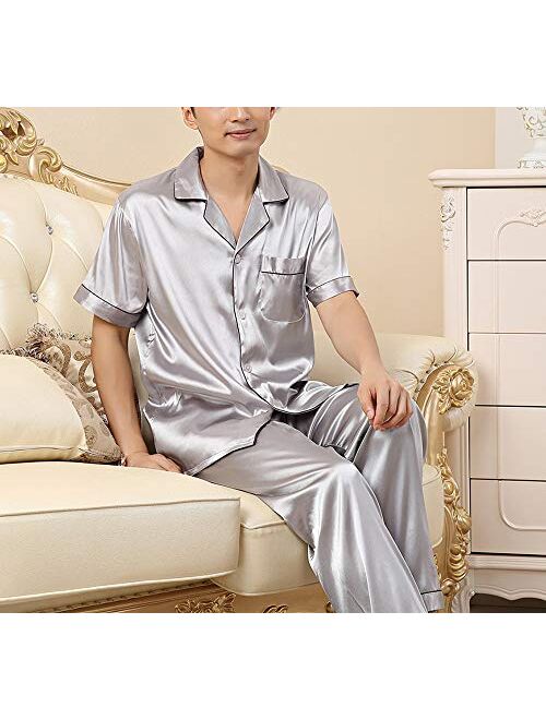 Wowcarbazole Men's Silk Satin Pajamas Set Long/Short Sleeve Button-Down Sleepwear with Front Pocket
