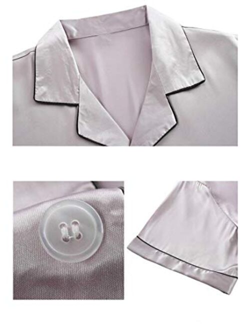 Wowcarbazole Men's Silk Satin Pajamas Set Long/Short Sleeve Button-Down Sleepwear with Front Pocket