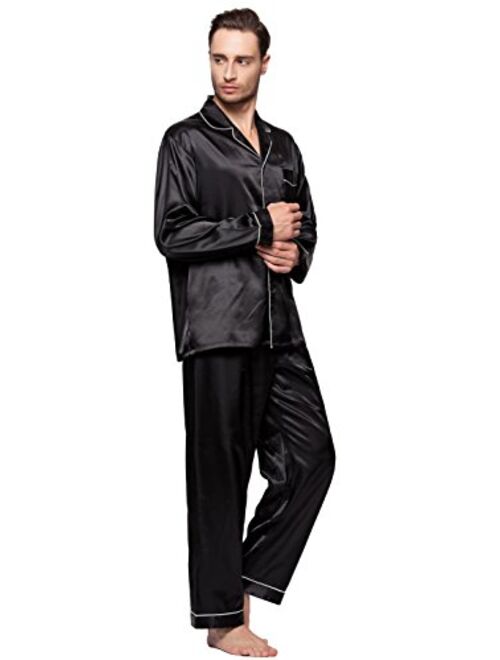 Lavenderi Men's Long Sleeve Silk Satin Pajama Set, Silky Pajamas Sleepwear