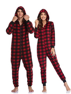COLORFULLEAF Couples Matching Christmas Pajamas Hoodie Fleece Onesie Plaid Union Suit Full Zipper Jumpsuits with Pockets