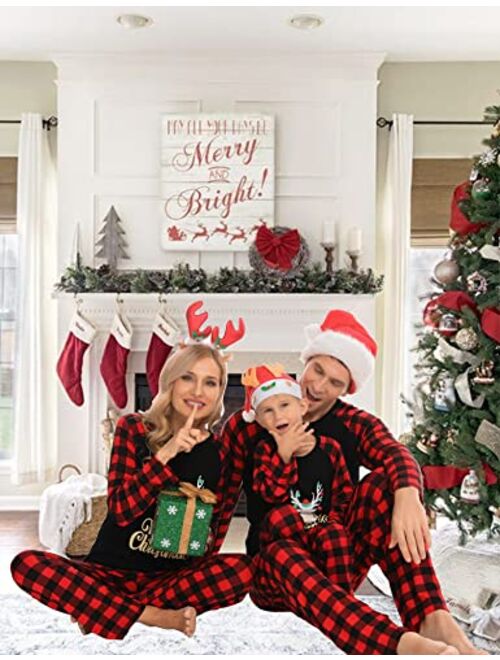 SWOMOG Matching Family Christmas Pajamas Printed Long Sleeve Tee and Plaid Pants Loungewear