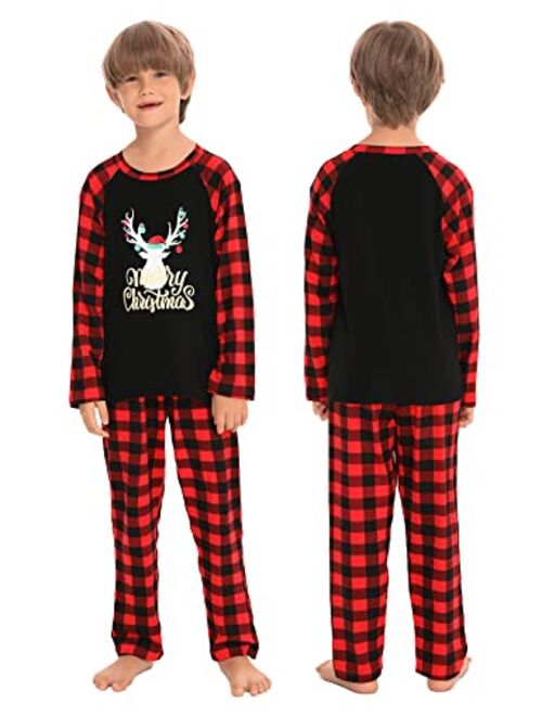 SWOMOG Matching Family Christmas Pajamas Printed Long Sleeve Tee and Plaid Pants Loungewear