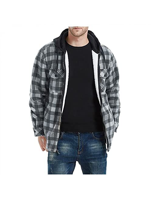 KEEYO Mens Sherpa Fleece Lined Plaid Jackets Hoodie Heavyweight Warm Oversize Full Zip Winter Flannel Shirt Jacket Outerwear