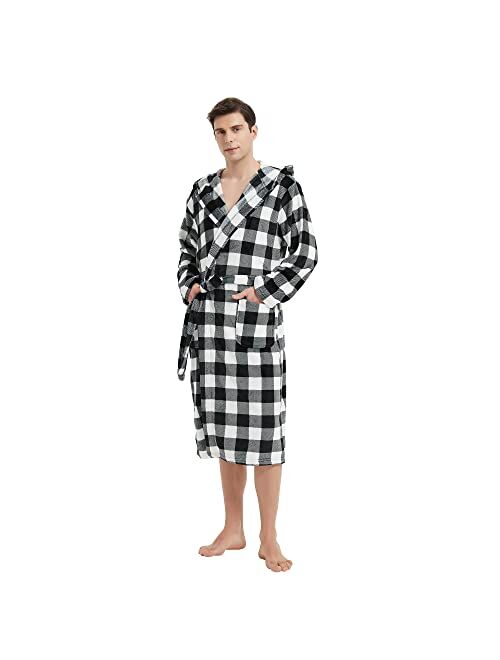 VULCANODON Mens Robe Plush, Shawl Collar Fleece Bathrobe Plaid Robe For Men