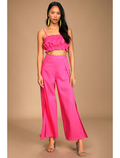 Lulus Postcards From Me Hot Pink Ruffled Two-Piece Jumpsuit