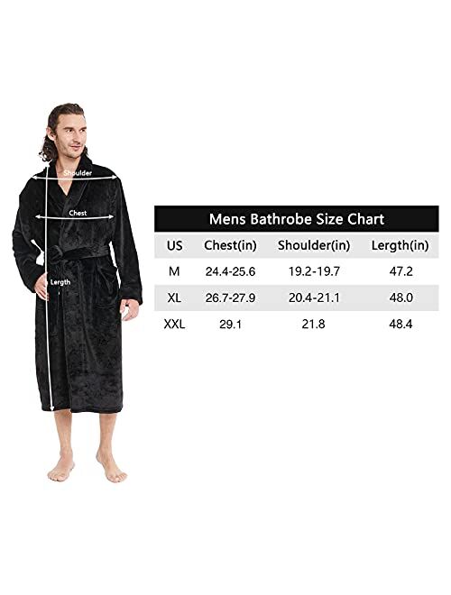 Mhslker Men's Luxurious Warm Flannel Fleece Bathrobe Soft Lapel Shawl Collar Full Length 2 Pockets Spa Robe