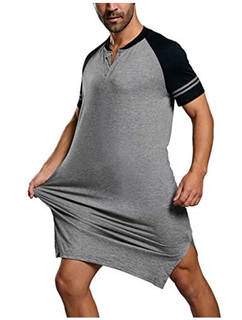 Ryannology Mens Cotton Nightshirts Raglan Short Sleeve Henley Neck Comfy Nightgown Long Sleepwear Nightwear