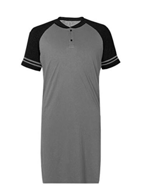 Ryannology Mens Cotton Nightshirts Raglan Short Sleeve Henley Neck Comfy Nightgown Long Sleepwear Nightwear