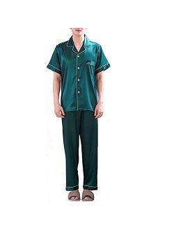 ZUEVI Men's Stain Pajamas set Classic Silk like Sleepwear Set Button-Down Loungwear Pj Sets