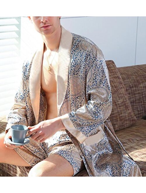 Aieoe Men's Satin Robe with Shorts Silk Bath Robe Luxurious Kimono Nightgown Pajamas Bathrobes