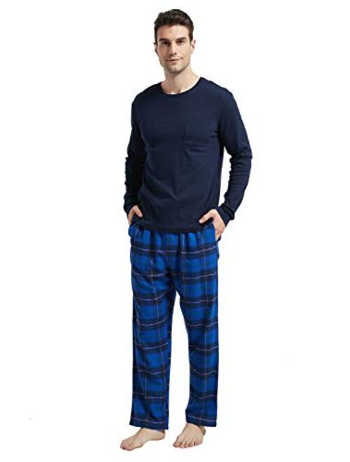 Amaxer Men's 100% Cotton Pajama Set Flannel Plaid Pants Crew Neck Top Long Sleeves Pjs Elastic High Waist Sleepwear