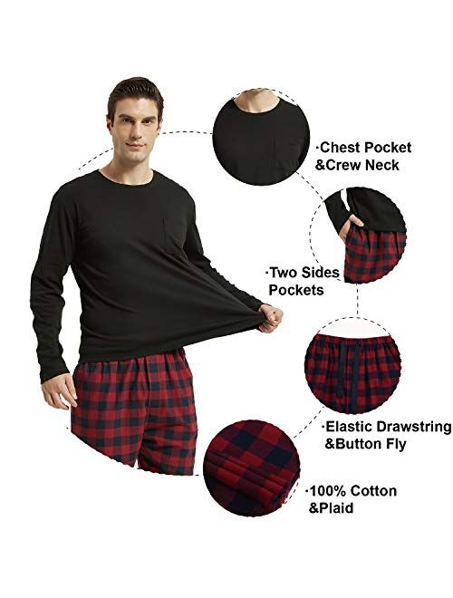 Amaxer Men's 100% Cotton Pajama Set Flannel Plaid Pants Crew Neck Top Long Sleeves Pjs Elastic High Waist Sleepwear