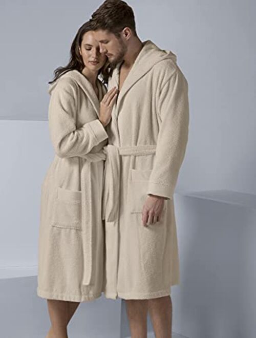 Turkish Cotton Terry Men's Bathrobe - Hooded, Kimono Cotton Terry Cloth Robe - Long Textured, Rice Weave Trim Bathrobe