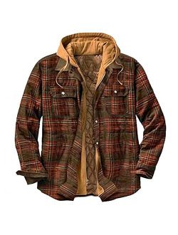 F_gotal Mens Warm Hooded Flannel Shirt Padded Jackets Zip Up Heavyweight Thermal Lined Button Down Jackets Mens Hoodies Outwear Coats