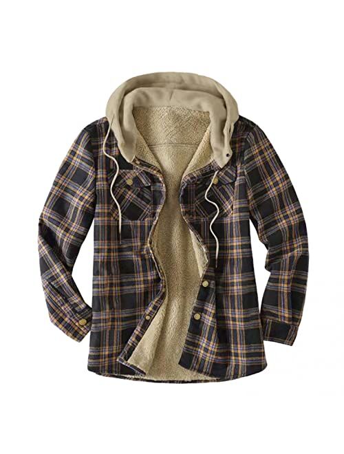 KEEYO Mens Casual Sherpa Fleece Lined Plaid Flannel Shirts Jackets Fashion Button Up Winter Warm Hoodie Shacket Jacket Coats
