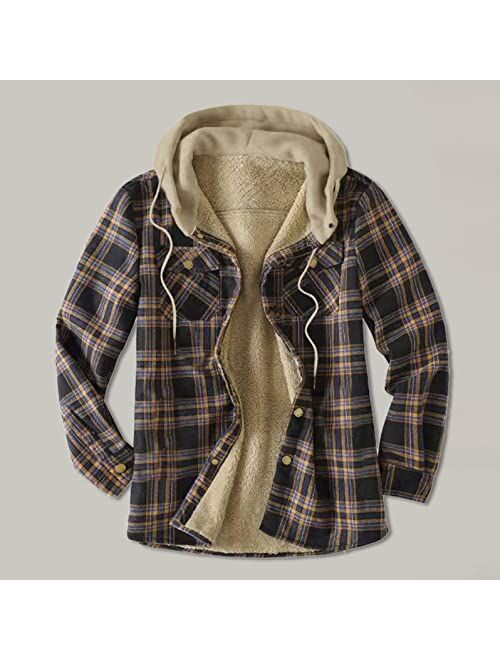 KEEYO Mens Casual Sherpa Fleece Lined Plaid Flannel Shirts Jackets Fashion Button Up Winter Warm Hoodie Shacket Jacket Coats