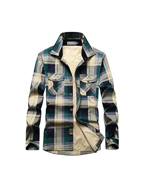 JSPOYOU Sherpa Fleece Lined Winter Coat for Men Big and Tall Button Up Western Plaid Shirt Jacket Winter Warm Outerwear