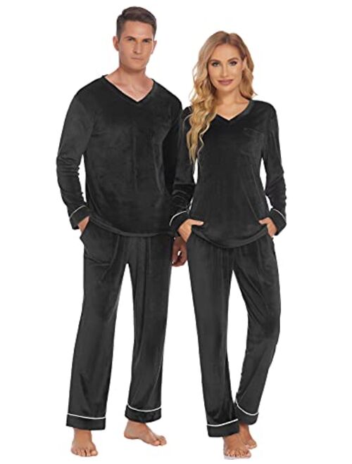 Ekouaer Couples Matching Pajamas Sets Velvet PJs Set for Men and Women Velour Long Sleeve Sleepwear S-XXL