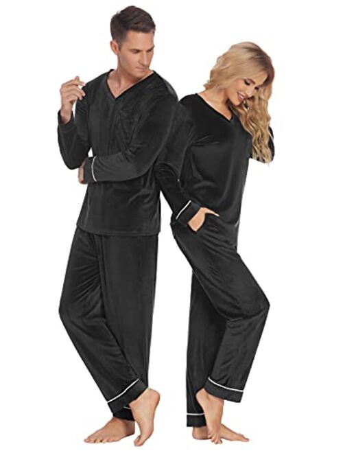 Ekouaer Couples Matching Pajamas Sets Velvet PJs Set for Men and Women Velour Long Sleeve Sleepwear S-XXL