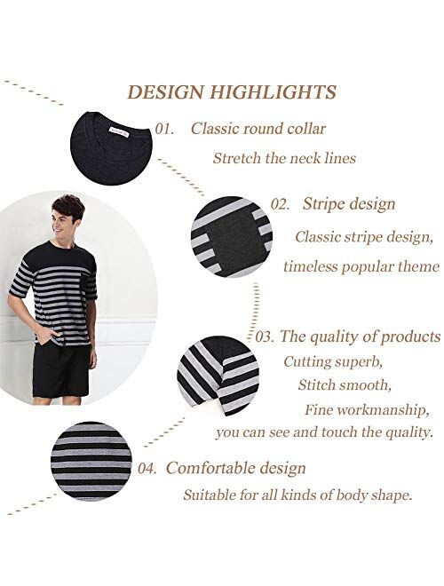 Sunshine Chow Mens Pajama Set Short Sleeve Cotton Loungewear Shorts Sleepwear Striped Pjs Set for Summer