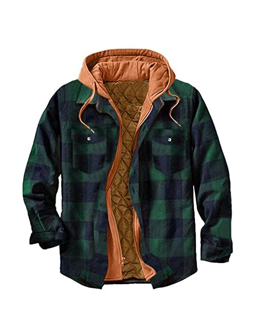 Aukbays Hoodies for Men Mens Thermal Quilted Lined Flannel Shirts with Hood Button Down Long Sleeve Big and Tall Plaid Jacket