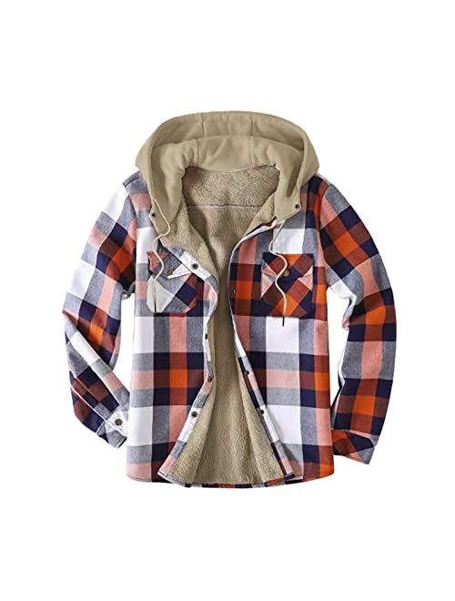 Heavkin Men Flannel Shirt Jackets with Hooded Long Sleeve Thicken Warm Fleece Quilted Lined Plaid Jacket Coat Hoodie