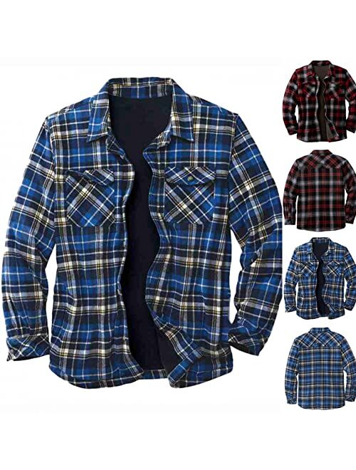 Goddessvan Winter Jackets for Men Warm Fleece Lined Plaid Shirt Plus Size Lapel Button Down Mens Flannel Shirts Coats