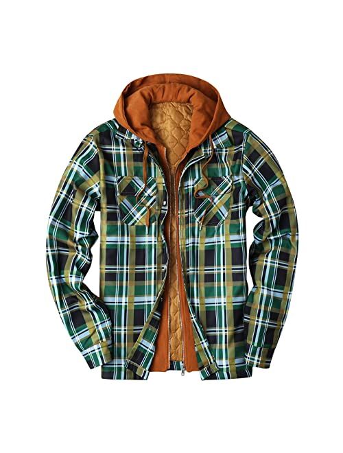 Guine Flannel Jacket for Men,Sherpa Lined Flannel Shirt Jacket,Hooded Long Sleeve Rugged Plaid Zip Up Jacket,Gifts for Guys