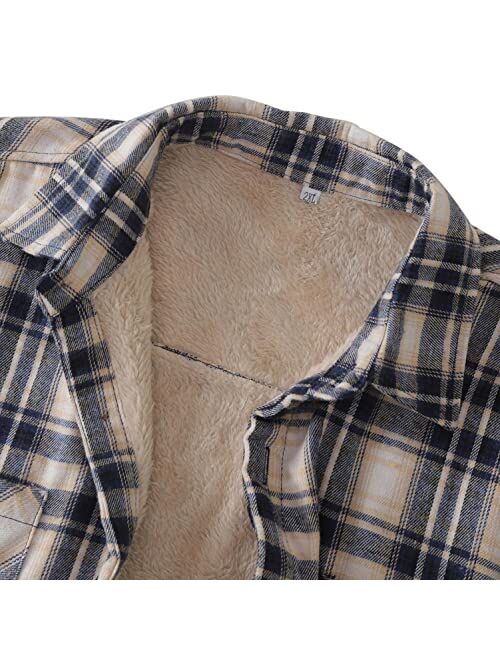 Weuie Men Casual Sherpa Fleece Lined Plaid Flannel Shirts Jackets Button Down Heavyweight Thermal Winter Shackets Coat Outwear
