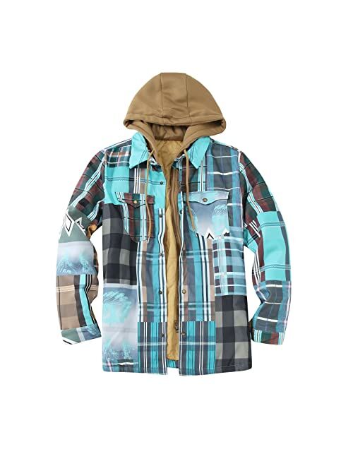 Qvkarw Men's Hooded Quilted Lined Flannel Shirt Jacket Plaid Lapel Pocket Zip Up Winter Warm Fleece Button Up Jackets Coat