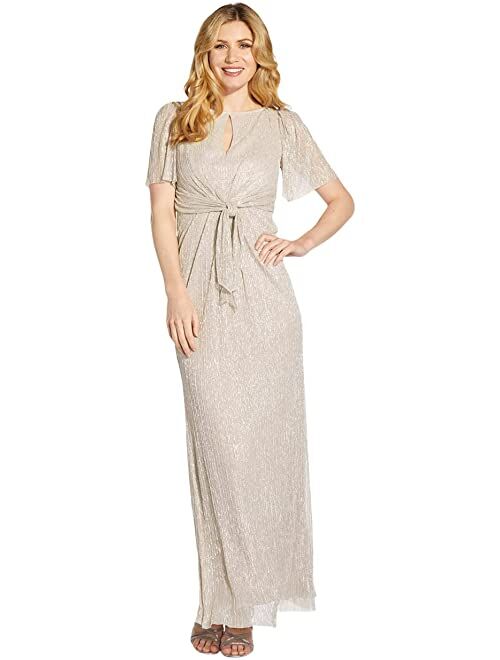 Adrianna Papell Crinkle Pleat Mermaid MOB Long Gown with Tie Waist Detail