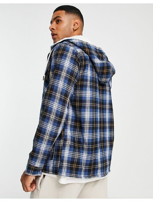 Another Influence fleece lined check overshirt with hood in navy