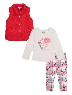 Baby Girls Button-up Sherpa Vest, Graphic T-shirt and Leggings, 3 Piece Set