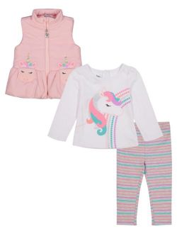 Baby Girls Faux-fur Trimmed Vest, Unicorn T-shirt and Stripe Leggings, 3 Piece Set