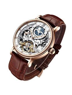 Ik Colouring Bestn Mens Luxury Skeleton Automatic Mechanical Wrist Watches Leather Moon Phrase Luminous Hands Self-Wind Watch