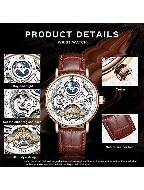 Ik Colouring Bestn Mens Luxury Skeleton Automatic Mechanical Wrist Watches Leather Moon Phrase Luminous Hands Self-Wind Watch