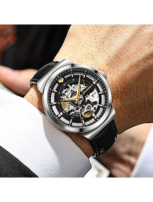 OLEVS Automatic Men Watch Skeleton Mechanical Self Winding Business Luxury Leather Strap Luminous Waterproof Wrist Watch