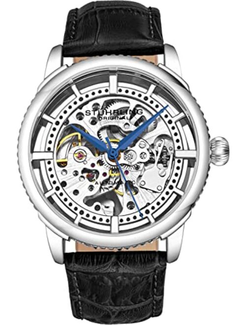 Stuhrling Mens Automatic Watch Skeleton Stainless Steel Self Winding Dress Watch with Premium Leather Band Legacy Collection