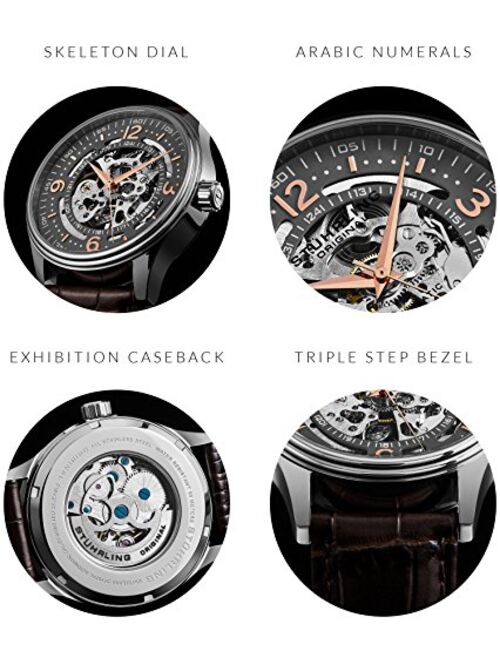 Stuhrling Men's Automatic Skeleton Dress Watch Genuine Leather Band with self Winding Mechanical Movement