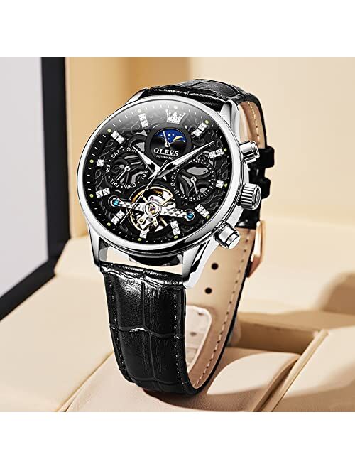 OLEVS Men Skeleton Watch Automatic Luxury Mechanical Wrist Watches Leather Strap Dress Casual Moon Phase Luminous Waterproof