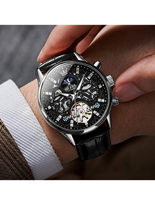 OLEVS Men Skeleton Watch Automatic Luxury Mechanical Wrist Watches Leather Strap Dress Casual Moon Phase Luminous Waterproof