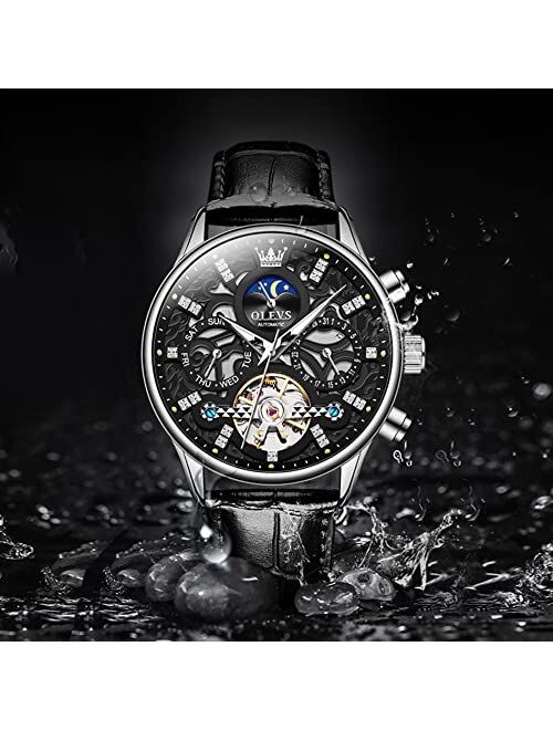 OLEVS Men Skeleton Watch Automatic Luxury Mechanical Wrist Watches Leather Strap Dress Casual Moon Phase Luminous Waterproof