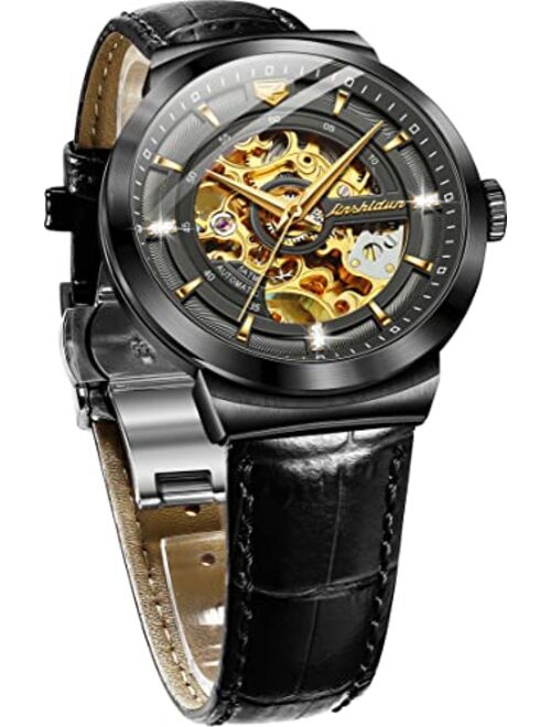 OLEVS Men's Skeleton Leather Watches Automatic Mechanical Luxury Dress Wrist Watches