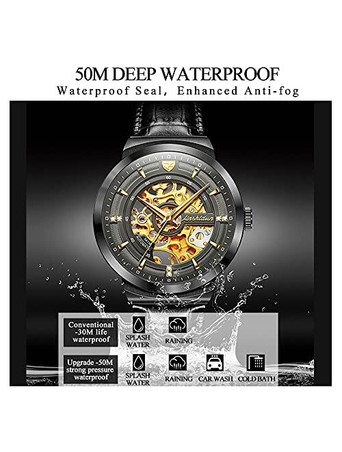OLEVS Men's Skeleton Leather Watches Automatic Mechanical Luxury Dress Wrist Watches