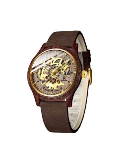 Ik Colouring Men's Watches Luxury Mechanical Wooden Case Skeleton Lumious Automatic Self-Winding Lightweight Genuine Leather Bracelet/Wood Band Wrist Watch