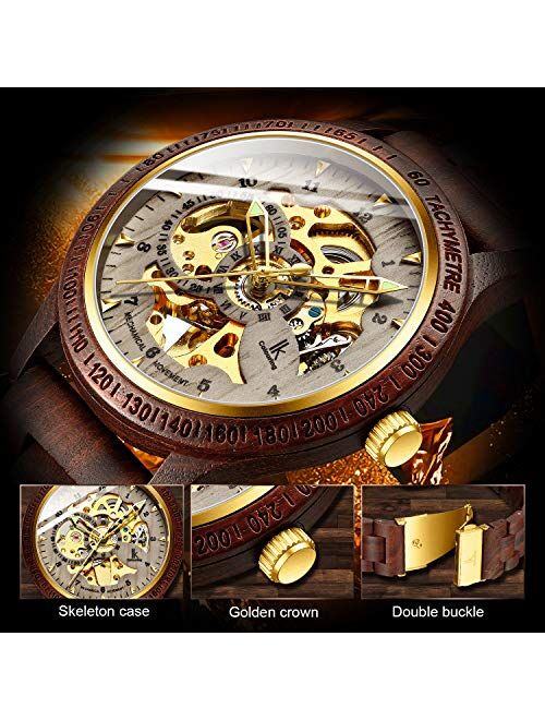 Ik Colouring Men's Watches Luxury Mechanical Wooden Case Skeleton Lumious Automatic Self-Winding Lightweight Genuine Leather Bracelet/Wood Band Wrist Watch