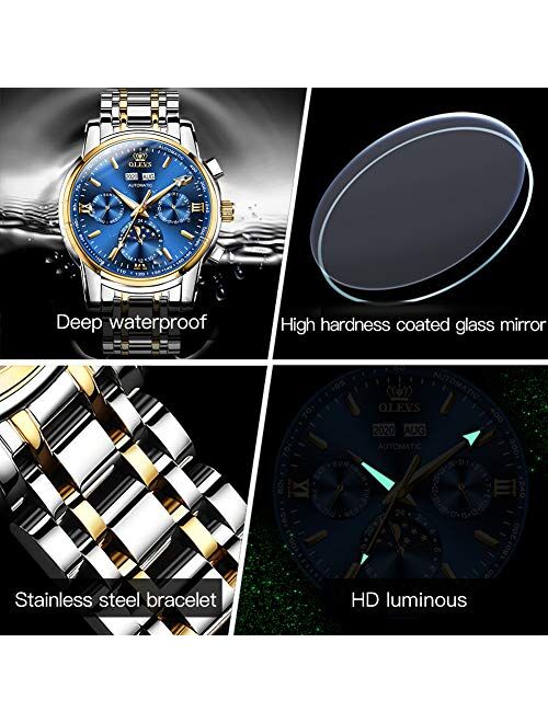 OLEVS Mens Automatic Mechanical Watch Self-Winding Tourbillon Watches Stainless Steel Luminous Date Skeleton Watches for Men(No Battery Required)
