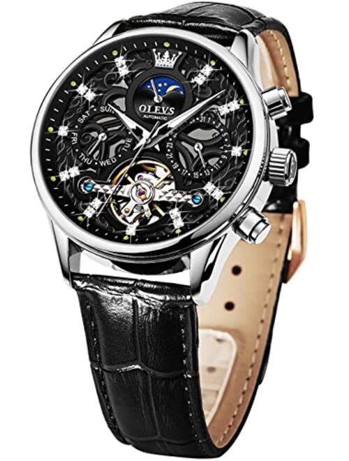OLEVS Mens Automatic Watches Diamond Skeleton Casual Dress Wrist Watch Leather Strap Day Date Subdial Moon Phase Luminous Waterproof